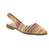 The Bueno Bronx beige print slingback flat offers casual comfort with eye-catching style. Its woven fabric upper in a vibrant multi-color print adds personality to any summer outfit, while the leather lining and footbed ensure softness and durability. The low block heel and foam midsole provide gentle support, and the slingback design delivers a secure fit. Perfect for feet seeking a playful, comfortable everyday shoe.