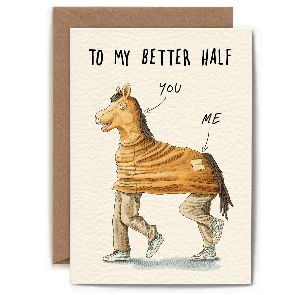 This charming greeting card features a blank interior, providing the perfect canvas for your personal message or wit. Crafted from premium 300gsm cream colored card stock with a distinctive textured finish, it's sourced responsibly and certified FSC-approved. The card arrives in eco-conscious packaging, a recycled kraft envelope nestled within a protective hardbacked mailer, eliminating unnecessary plastic. Each piece is thoughtfully designed, printed, and assembled in the UK