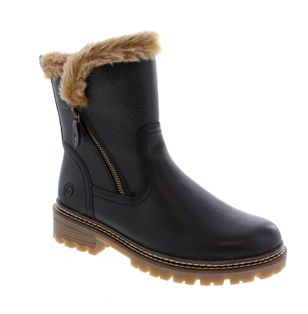 Remonte D0B83-03 brings German engineering and comfort to your winter wardrobe. This insulated ankle boot features a water-resistant leather upper with cozy faux fur lining and collar, perfect for cold-weather adventures. Leather upper with water-resistant protection keeps feet dry. Faux fur lining and collar add warmth and softness. Microfiber footbed and foam midsole deliver all-day comfort.