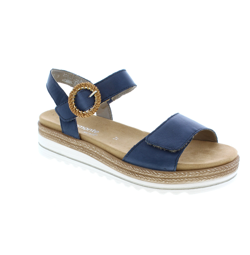Discover stunning style and extraordinary comfort with the Remonte D0Q52-14 sandals. These smooth leather sandals feature a narrow heel strap, wide straps, and an adjustable velcro fastener for excellent support. The flexible, lightweight flatform sole and soft exchangeable footbed make these sandals perfect for all-day wear.