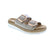 The Remonte D0Q66-62 is a neutral beige slide sandal crafted from soft leather with a white sole. This casual summer essential features a low flatform heel, velcro closure, and removable microfiber insole for personalized comfort. The foam midsole cushions every step, while orthotic-friendly design supports narrow-to-medium feet.