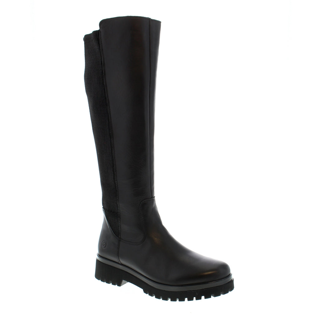 The Remonte D1B71-01 knee-high fashion boot is designed with a zipper and an elastic gore panel for flexibility and gripped outsole for traction. 