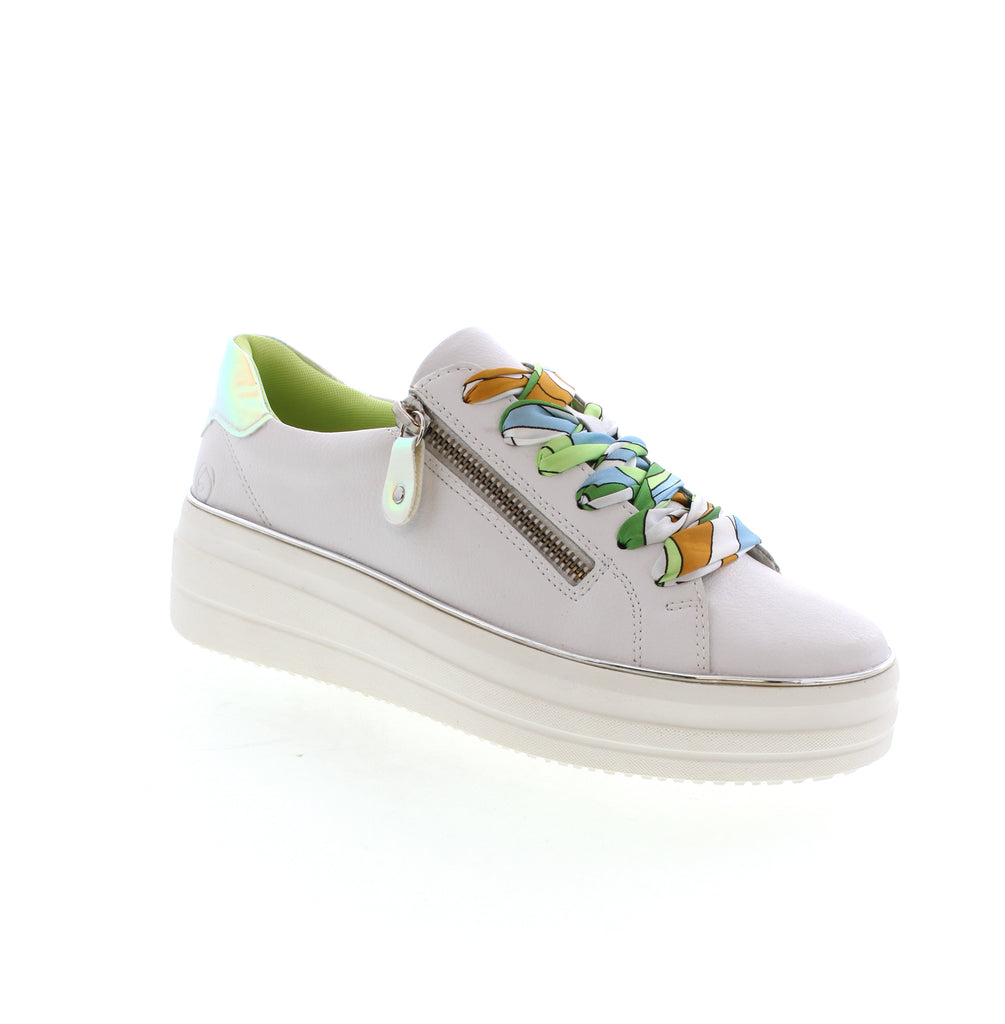 The Remonte D1C06-80 is a lace-up leather sneaker with a soft removable insole for maximum comfort. Featuring a convenient side zipper and Microvelour/Dry sport lining, and vibrant laces, this shoe is both functional and stylish. Enjoy easy on and off with this versatile white sneaker.