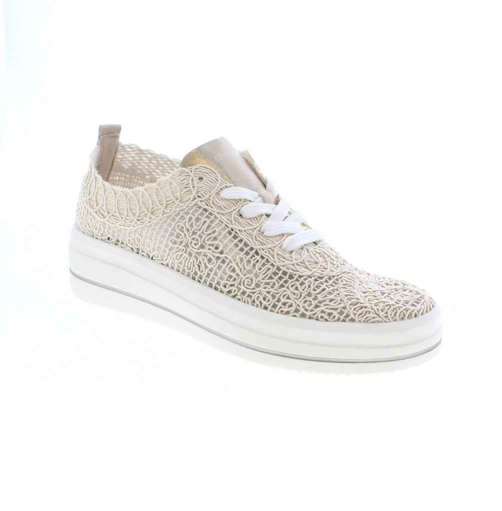 The Remonte D1C14-60 is a casual beige sneaker with breathable mesh and fabric uppers in a woven pattern. Featuring a white sole, lace-up closure, and flatform heel, it's designed for everyday comfort. The removable microfiber insole and fabric lining keep feet cushioned. Orthotic-friendly with true-to-size for narrow-to-medium feet.