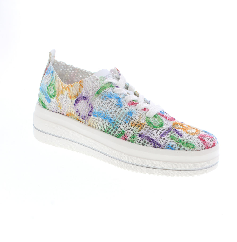 The Remonte D1C14-90 is a casual multi-color sneaker with breathable mesh and fabric uppers in a woven pattern. Featuring a white sole, lace-up closure, and flatform heel, it's designed for everyday comfort. The removable microfiber insole and fabric lining keep feet cushioned. Orthotic-friendly with true-to-size for narrow-to-medium feet.