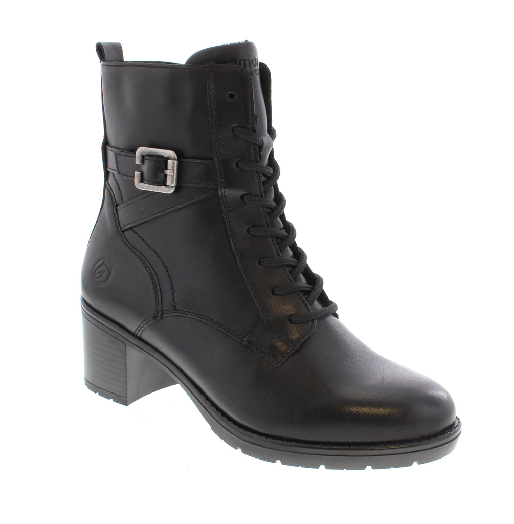 Remonte D2A74-01 brings effortless elegance to your everyday rotation. This black ankle boot combines premium leather with thoughtful comfort features for all-day wear. Leather upper with microfiber lining and footbed keeps your feet cushioned and comfortable. Foam midsole and rubber outsole provide reliable support and traction. Lace-up entry and side zip closure offer flexible styling options.