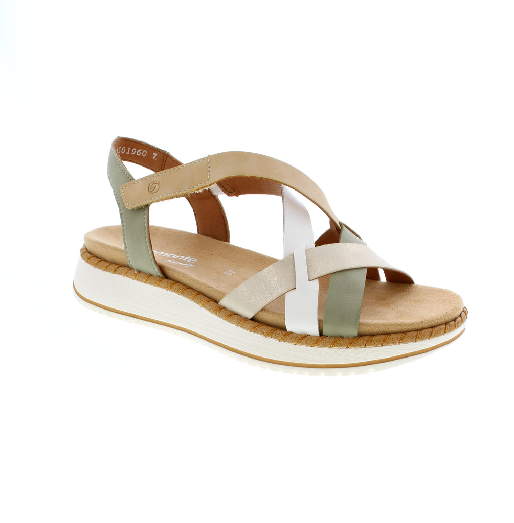 The Remonte D3J53-52 is a vibrant multi-colored strappy sandal with a leather upper and white sole. Featuring a minimal heel, round toe, and velcro closure for easy adjustment, it's perfect for casual summer wear. The removable microfiber insole and foam midsole deliver cushioning comfort. Orthotic-friendly and true-to-size for narrow-to-medium feet.