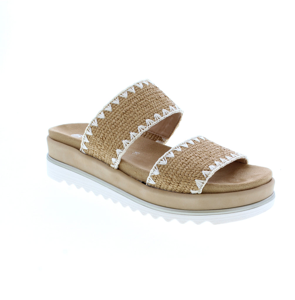 The Remonte D3P52-20 is a beige slip-on slide with a woven fabric upper and white sole. Its low flatform heel and minimal design make it ideal for casual summer days. The removable microfiber insole and foam midsole provide cushioning support, while the microfiber lining keeps feet dry. Orthotic-friendly and true-to-size for narrow-to-medium feet.