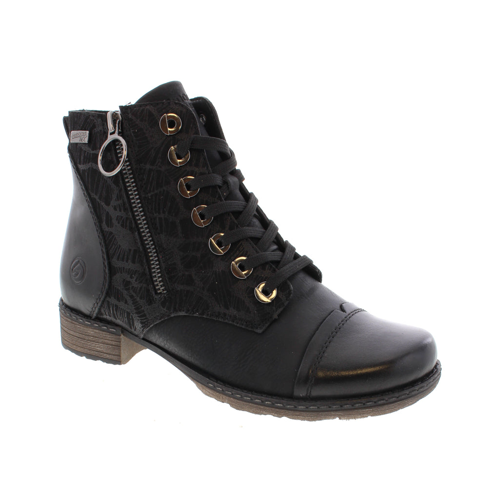 Experience the perfect blend of style and comfort with these Remonte lace-up boots. Featuring both laces and a zipper, they offer easy wear and a secure fit. The removable insole and durable, grippy sole provide lasting comfort and traction, while the comfort width ensures extra room for your feet. Thanks to remonteTEX technology, these boots are water-repellent and wind-resistant, making them ideal for long walks in any weather.