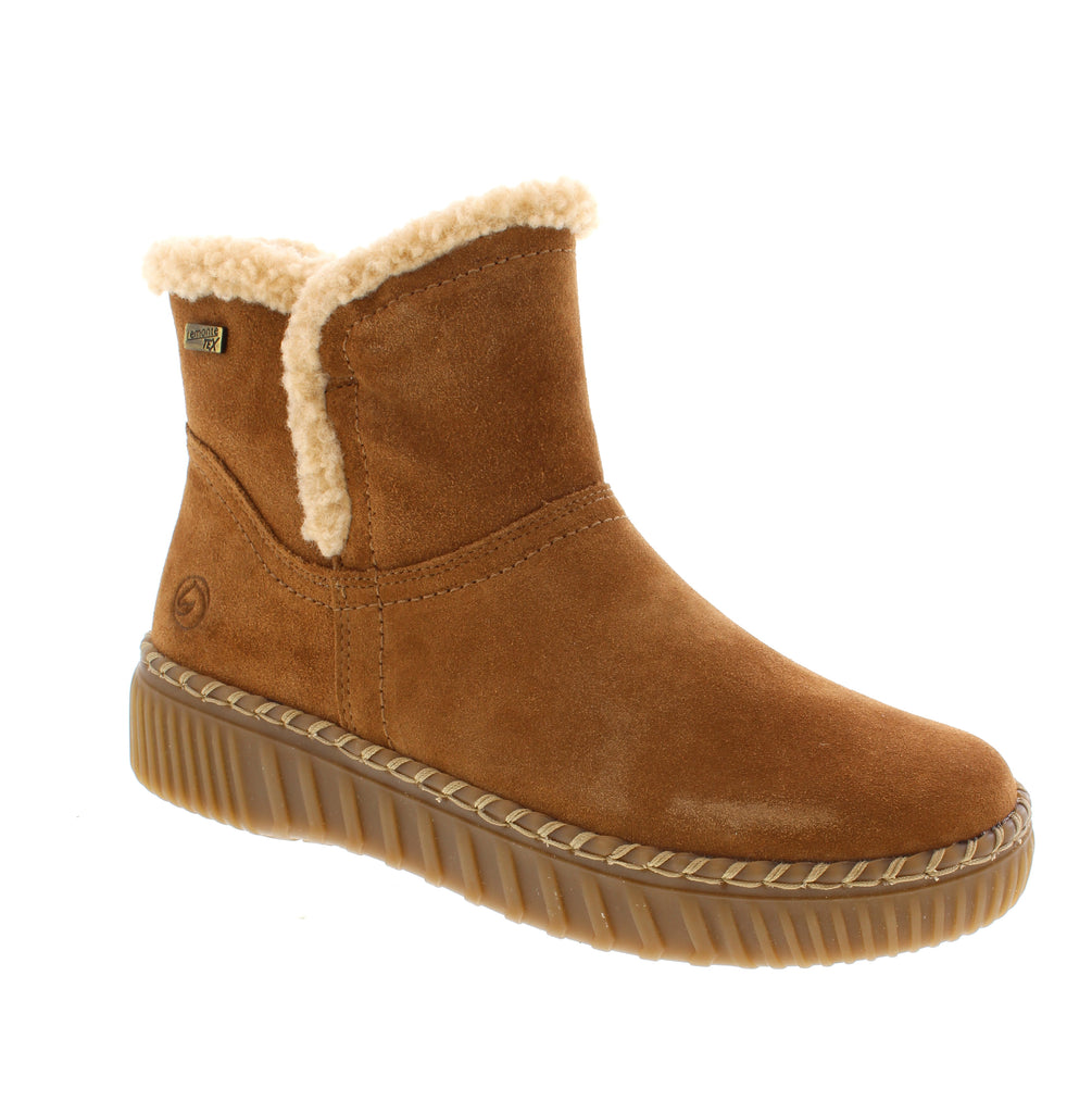 Warm, weatherproof comfort meets everyday style in the Remonte D4A73-24. This tan suede ankle boot features a water-resistant upper, felt lining, and a cushioned microfiber footbed to keep your feet cozy through casual outings and winter days alike. Suede upper with water-resistant protection. Felt lining and insulated construction for warmth. Removable microfiber footbed and foam midsole for comfort. Rubber outsole with side zip entry for easy on-and-off.