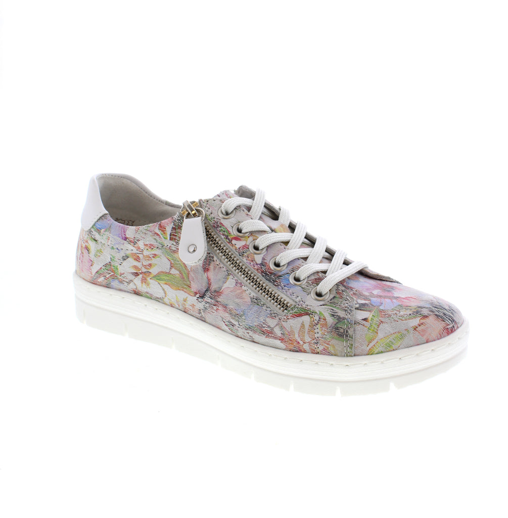 The Remonte D5800-91 sneakers showcase a floral leather upper, with both lace-up and side zipper closures for effortless wear. The white outsole provides a high level of traction to ensure a secure footing.