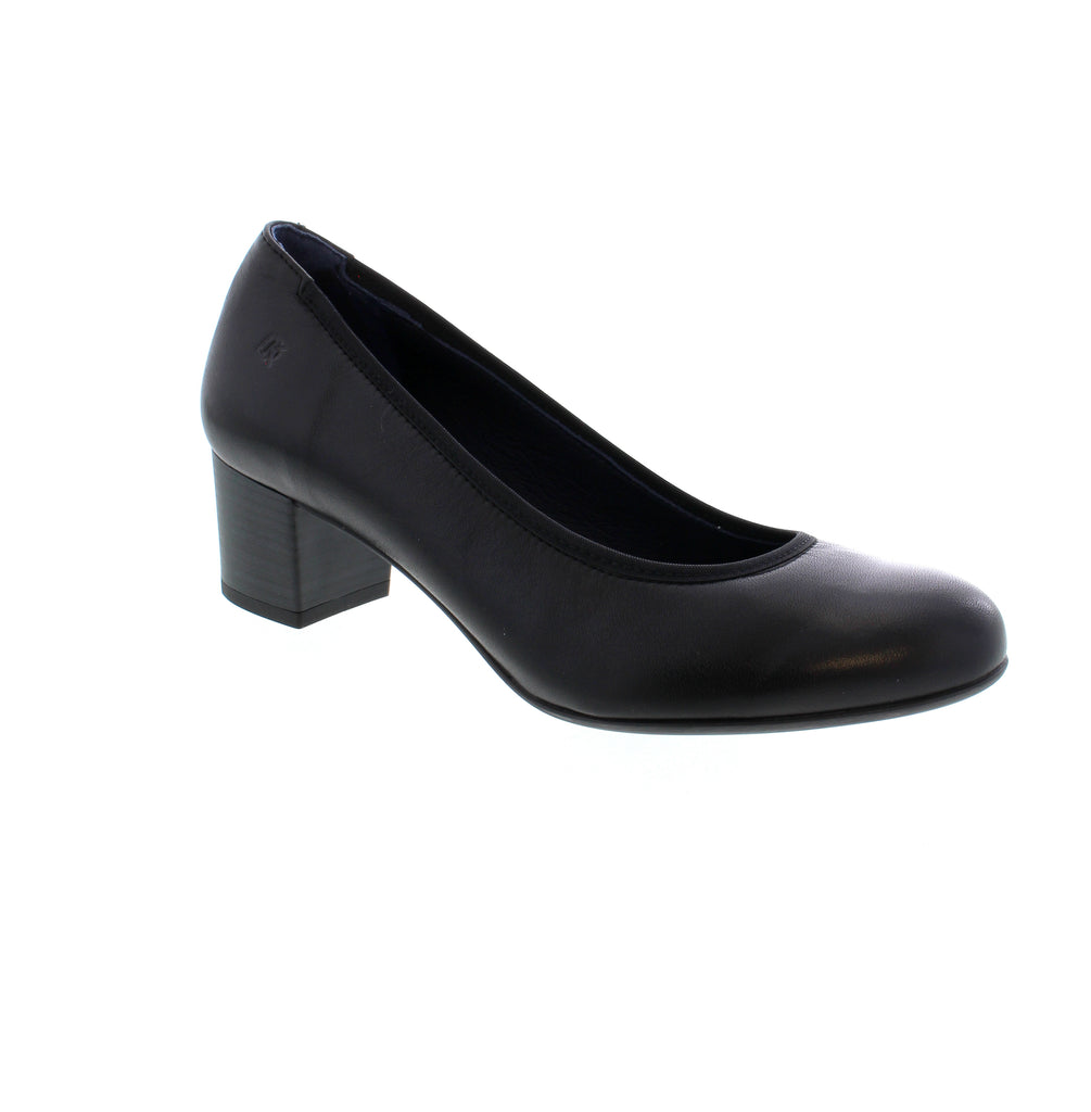 Ladies black leather pump with 2" block heel