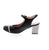 Ladies black leather sling back heel, with gold detail and chevron accent heel.