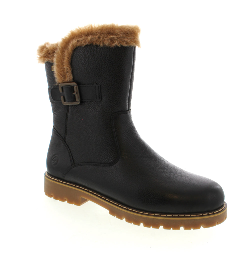 Remonte D9382-03 boots feature a waterproof black leather upper with a cozy faux fur collar and insulated microfiber lining, perfect for fall and winter seasons. The mid-calf height provides added warmth while the round toe shape ensures comfort. With a less than 1-inch heel and orthotic-friendly removable microfiber footbed, these boots support all-day wear. The foam midsole and durable rubber outsole offer cushioning and traction ideal for casual occasions. 