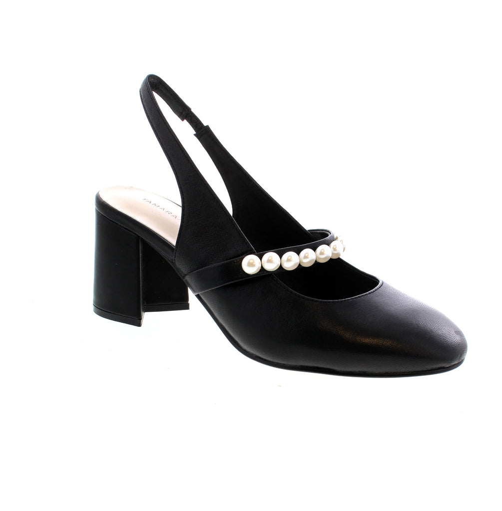 Introducing the elegant Tamara London Drax heel. With pearl detailing, a backstrap with elastic gore, and a block heel, these heels combine style and comfort. Elevate any outfit and make a statement at any occasion.