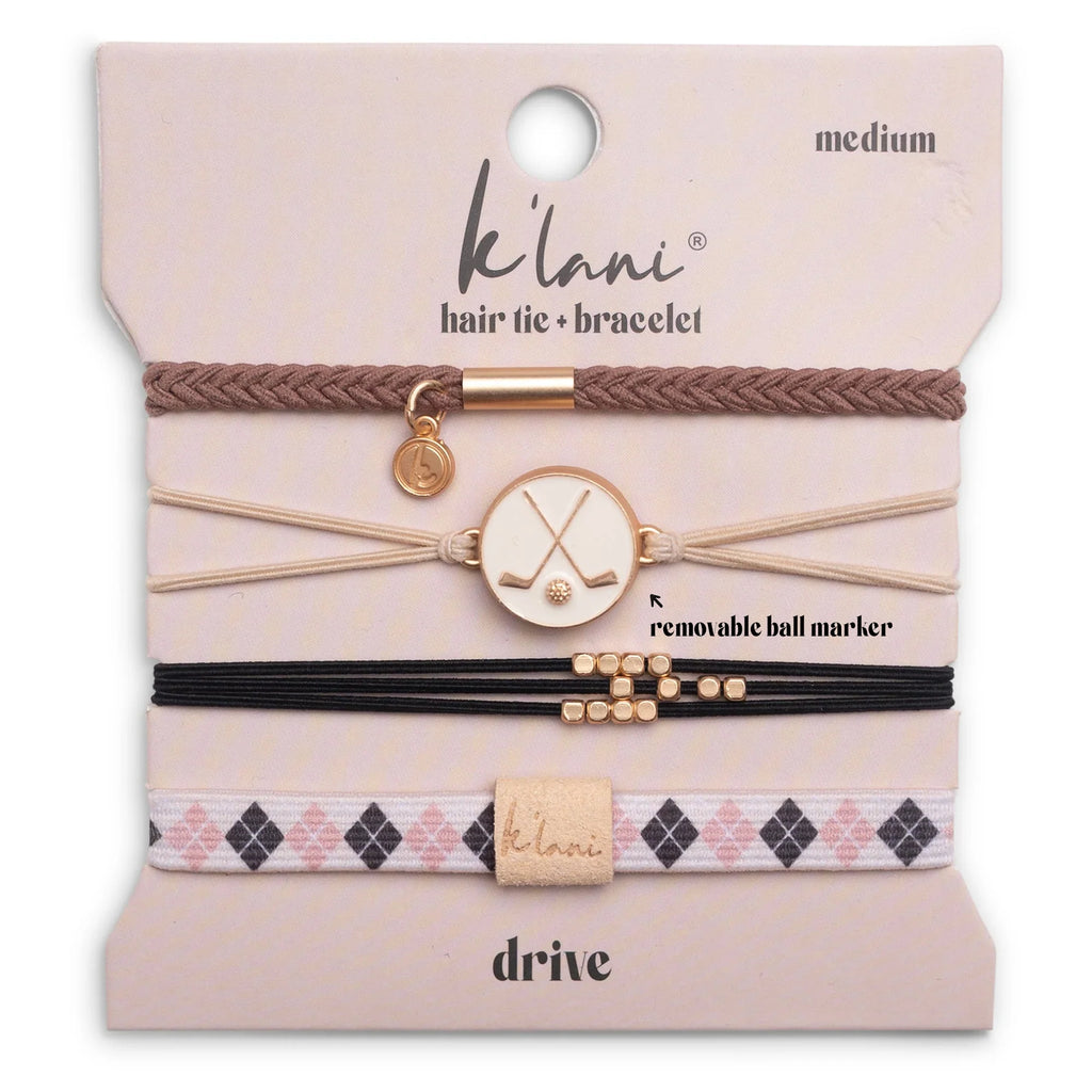 The K'lani Drive set combines golf style with everyday wear. This 4-piece hair tie bracelet collection features black and cream argyle patterns inspired by the course. Includes a removable charm that works as a functional golf ball marker—style meets purpose in one smart accessory. Perfect for golfers who appreciate thoughtful design details