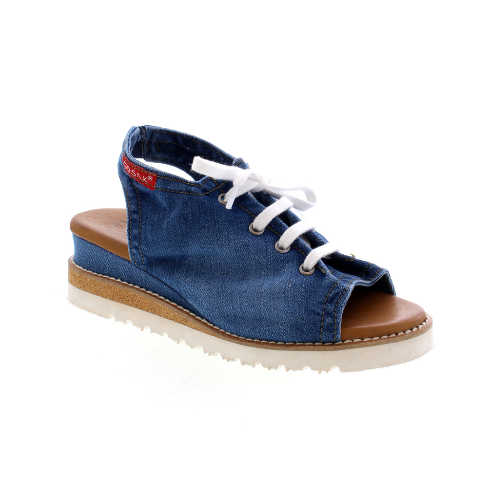 Unique lace up denim wedge sandal.