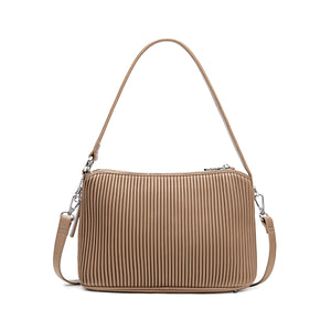 Ladies shoulder bag, with pleated front and top zipper, made of vegan leather.