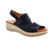Roamers Ellsie women's slingback sandal in black. Leather upper with elasticized fit and leather lining and footbed for comfort. Open toe design with wedge heel adds height and style. Foam midsole with EVA/PU outsole provides cushioning. Perfect for casual summer outings.