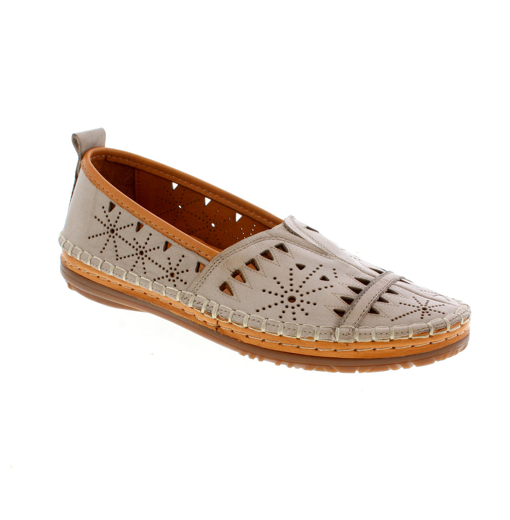 Step into the Everly Emily - Silver Grey. These slip-ons feature a perforated leather upper, foam midsole, and elasticized fit for ultimate comfort. Perfect for the playful spring or summer day, with a durable rubber outsole and leather lining.