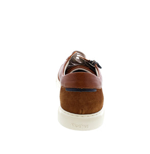 Men's brown leather sneaker with removable insole, white sole bottom and side zipper for easy on and off.