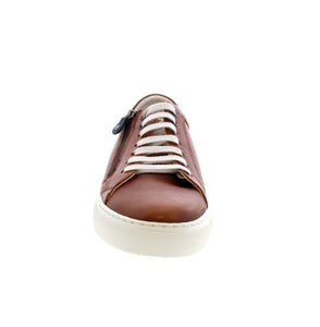 Men's brown leather sneaker with removable insole, white sole bottom and side zipper for easy on and off.