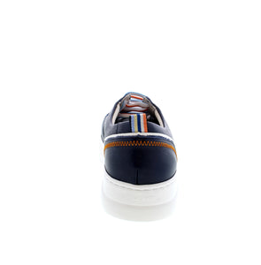 Ladies leather navy shoe, with white rubber sole, removable insole and orange stitch detailing.