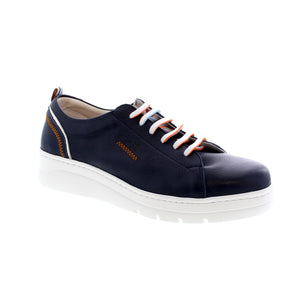 Ladies leather navy shoe, with white rubber sole, removable insole and orange stitch detailing. 