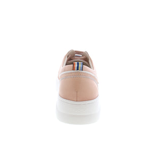 Ladies nude leather shoe, with white rubber sole, removable footbed and light blue stitching for detail.