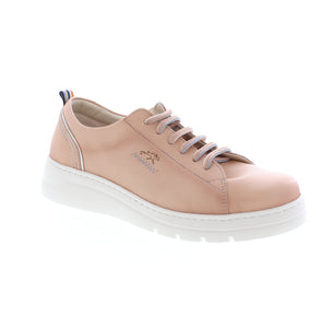 Ladies nude leather shoe, with white rubber sole, removable footbed and light blue stitching for detail.