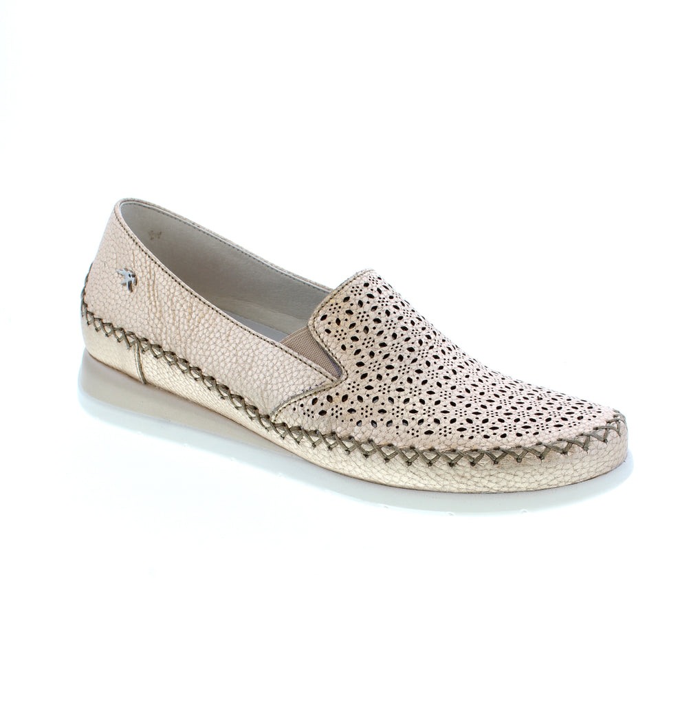 Simplify your wardrobe with Fluchos Sella F2144 - Gold. These slip-on loafers feature an almond toe and perforated metallic upper for a casual yet stylish look. With a low wedge heel and elasticized upper for a comfortable fit, they're perfect for everyday wear in the office or on the go.