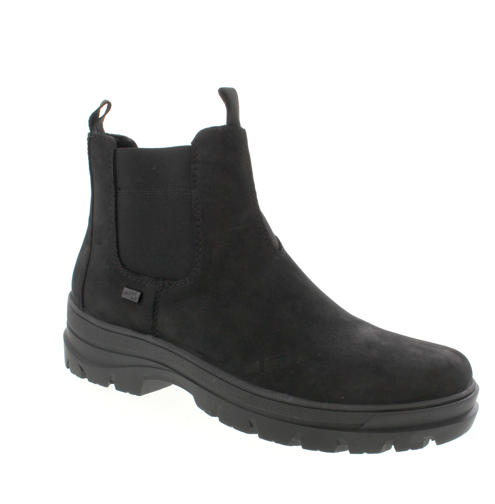 This Rieker F5450-00 boot, designed for fall and winter, combines waterproof leather with a rubber traction outsole for reliable outdoor performance. Its round toe and side-zip closure offer easy wear while maintaining a sleek silhouette. The boot features an insulated microfiber lining and a shock-absorbent foam midsole for lasting comfort. With a removable microfiber insole and a fit suited for narrow to medium feet, this ankle-height boot supports orthotic-friendly wear.