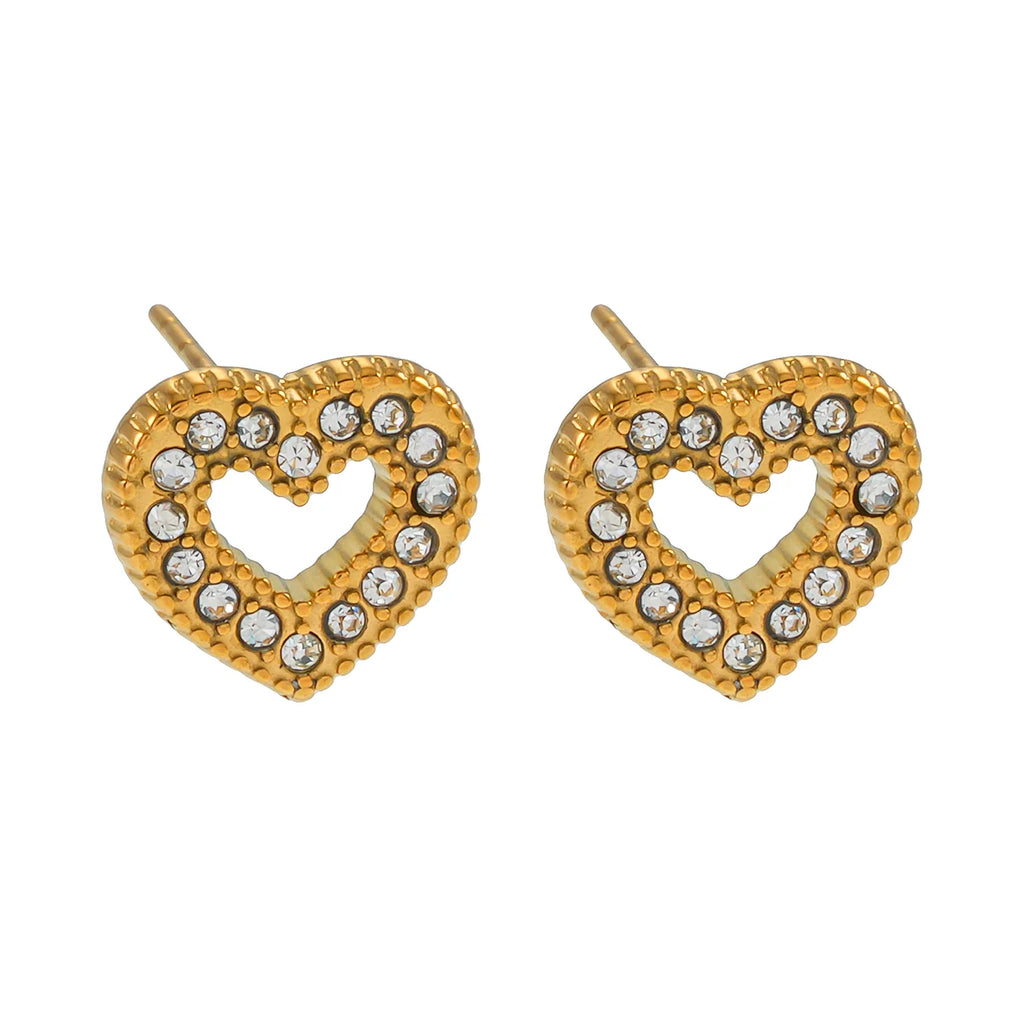 Elevate your everyday elegance with the Hackney Nine Forever Gold earrings. These heart-shaped cubic zirconia studs radiate timeless sophistication, perfect for special occasions or daily wear. Crafted with 18-karat gold infusion, they're hypoallergenic, tarnish-free, and waterproof—designed to shine beautifully for years to come.