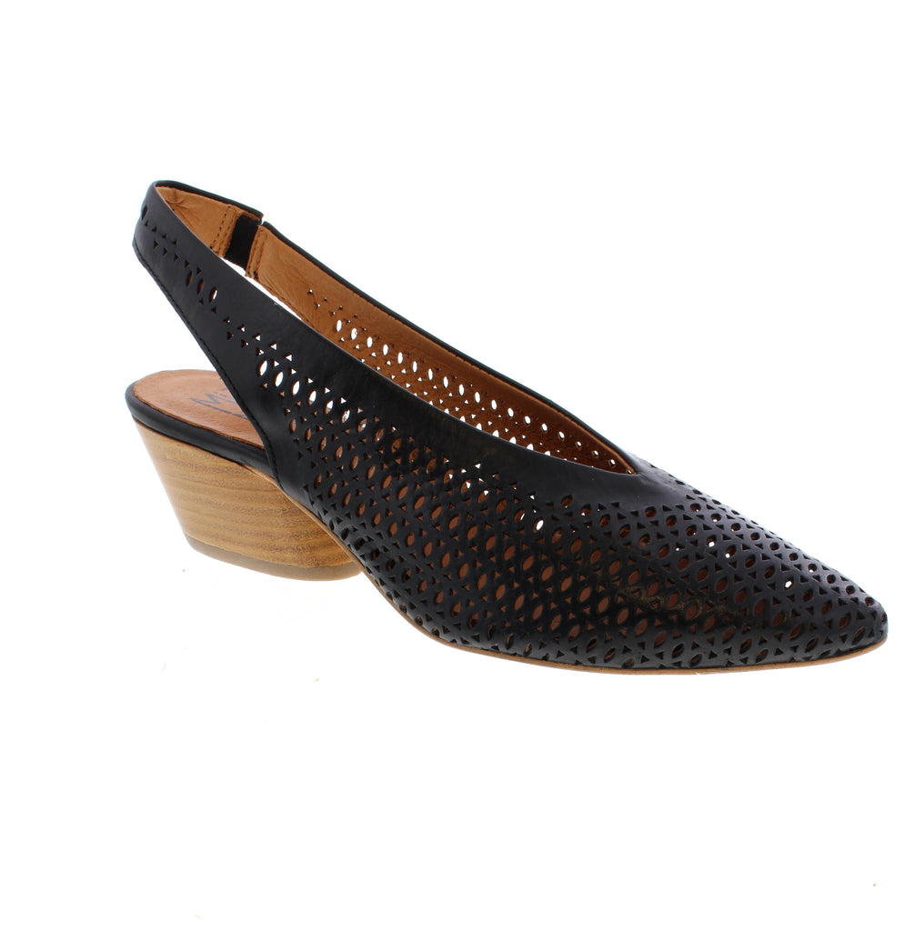 The Miz Mooz Hansel pump delivers versatile elegance in sleek black. Featuring perforated leather for breathability, a pointed toe, and easy pull-on design with elasticized upper. The comfortable 1-2 inch stacked heel and foam footbed work for casual outings, office days, or dressier occasions.