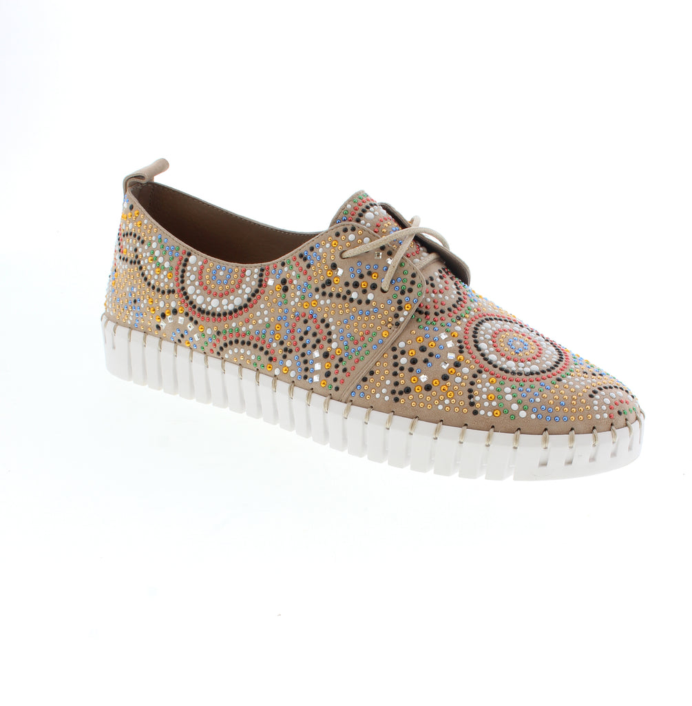 Django &amp; Juliette Hazina is a must-have. Featuring multi-colored mosaic patterned studding on a soft suede upper, these are sure to stand out.