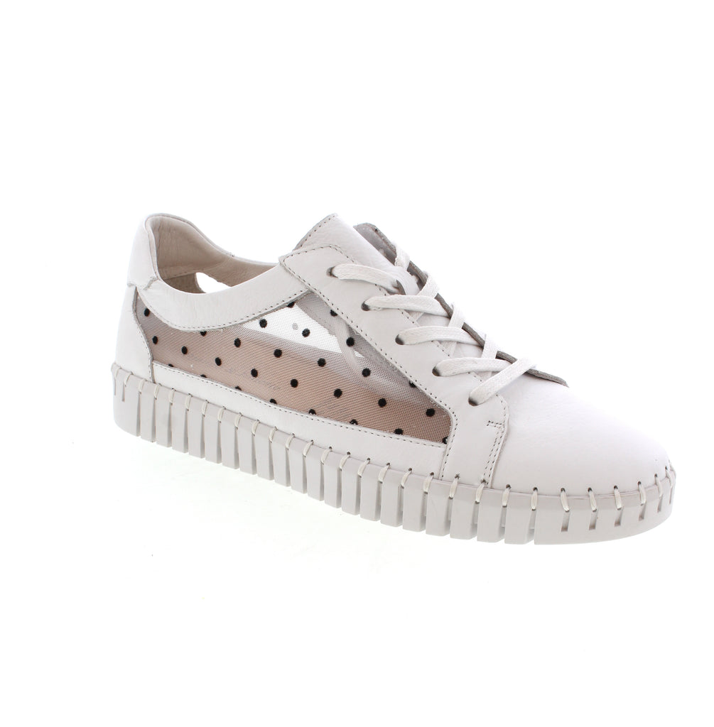 Meet the Helodie by Django & Juliette. This versatile sneaker pairs a breathable mesh and leather construction with distinctive polka dot accents in white and black. The Helodie is a perfect addition for your spring and summer wardrobe.