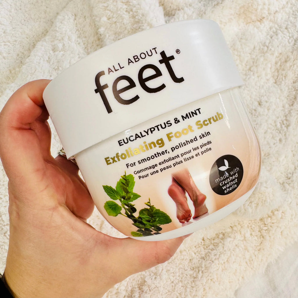 Revitalize your tired feet with All About Feet Foot Scrub. The gentle exfoliating properties of walnut shells reveal smoother, softer skin while aloe and vitamin E provide deep hydration. Enjoy the refreshing scents of eucalyptus and mint as you pamper your feet.