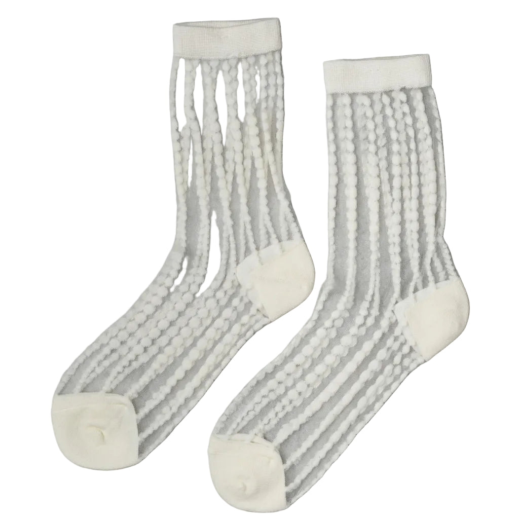 Elegant and unique, these sheer crew socks feature delicate bubble patterns in varying sizes that evoke the sparkle of champagne. The refined design elevates everyday wear with a touch of luxury. Choose from timeless Black, soft Ivory, or rich Merlot to complement your personal style. Hand wash or use a delicate cycle to maintain their beauty. Composition: 43% Polyester, 37% Cotton, 18% Nylon, 2% Spandex.