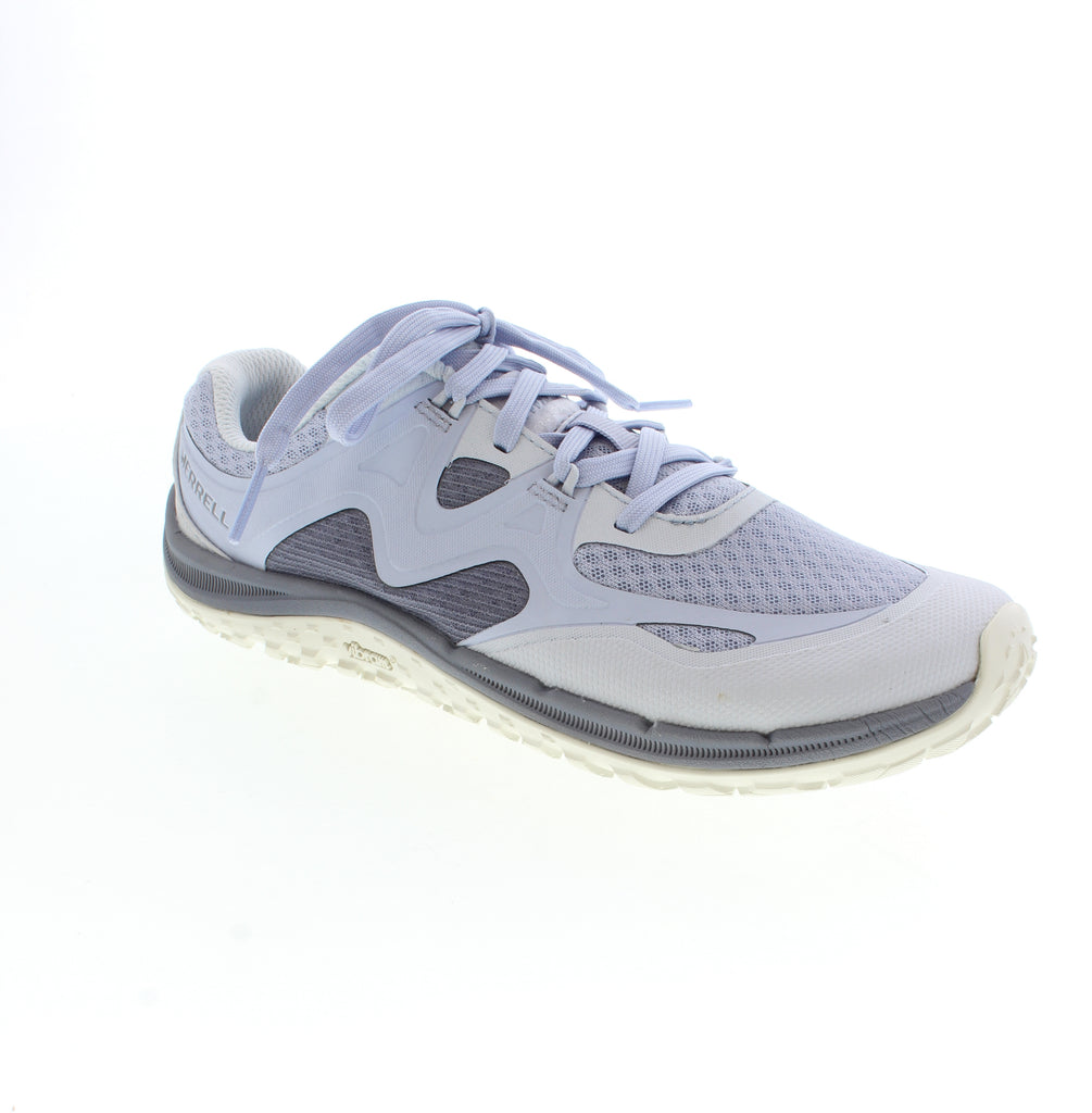 Lightweight purple hiking shoe from Merrell J00003296 designed for women who want responsive trail performance. Breathable mesh upper with padded collar and almond toe shape ensures comfort on long walks. Removable microfiber insole with odor control, light arch support, and EVA/PU midsole work together for cushioning and stability. Rubber traction outsole grips confidently on varied terrain while remaining orthotic-friendly.