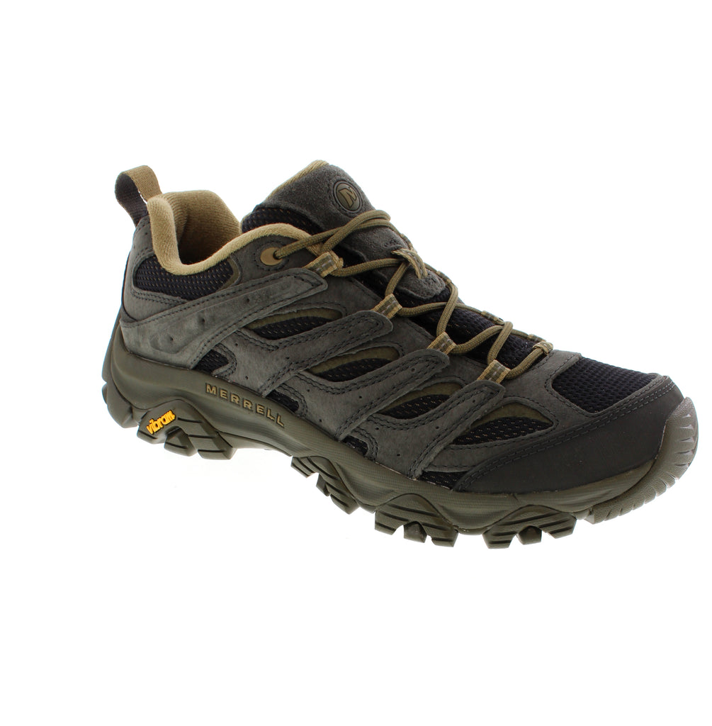 Durable black hiking shoe from Merrell J00003591 engineered for rugged terrain and everyday adventures. Mesh and suede upper with reinforced cap toe and padded collar provide protection and comfort. Removable microfiber insole, EVA/PU midsole, and rubber traction outsole deliver stability and shock absorption on any surface. Orthotic-friendly design with light arch support suits narrow to medium feet year-round