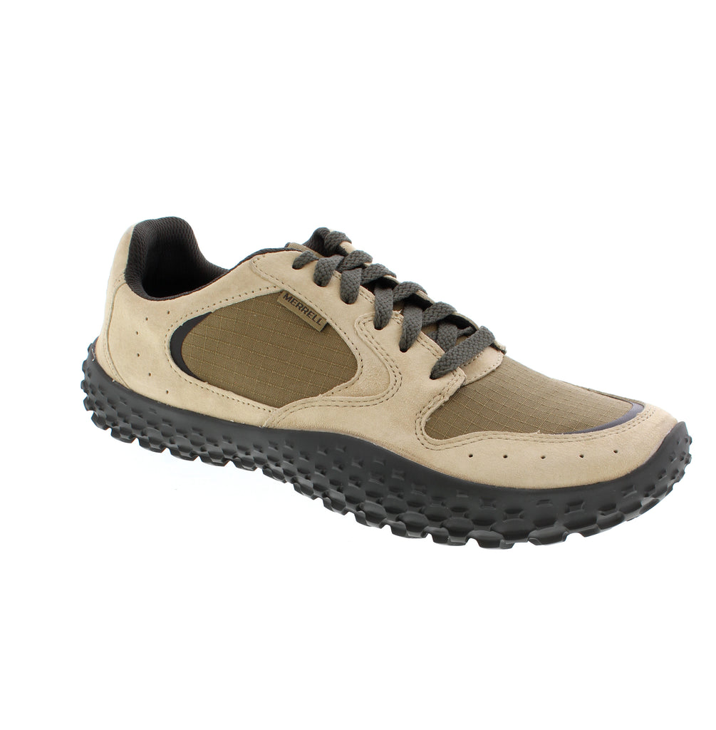 Merrel Wrapt J00003670 Versatile beige hiking sneaker is built for both trails and everyday wear. Waterproof suede upper with padded collar and mesh lining keeps feet dry and comfortable. Features a removable microfiber insole with odor control, foam and EVA/PU midsole for shock absorption, and rubber outsole with superior traction. Orthotic-friendly design supports stability during walking and hiking activities.
