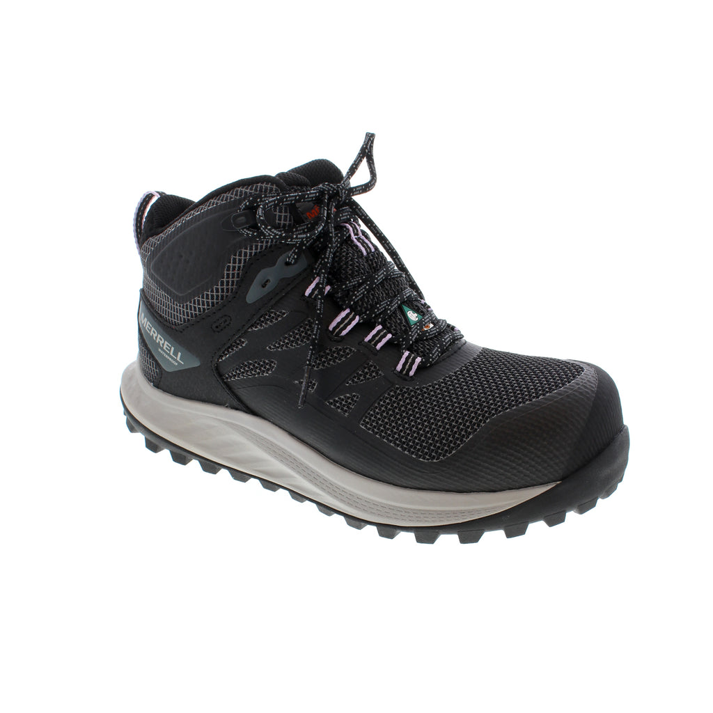 Conquer any job site in the Merrell Work Antora 3 Mid CSA - Black. This lightweight shoe features a Carbon Fiber safety toe, a COMFORTBASE™ midsole, waterproof membrane, EH rating, and a removable footbed for seriously cushiony comfort - keeping your feet safe and cozy so you can take care of business. Plus, thanks to the all-recycled features, you can feel good about your purchase!