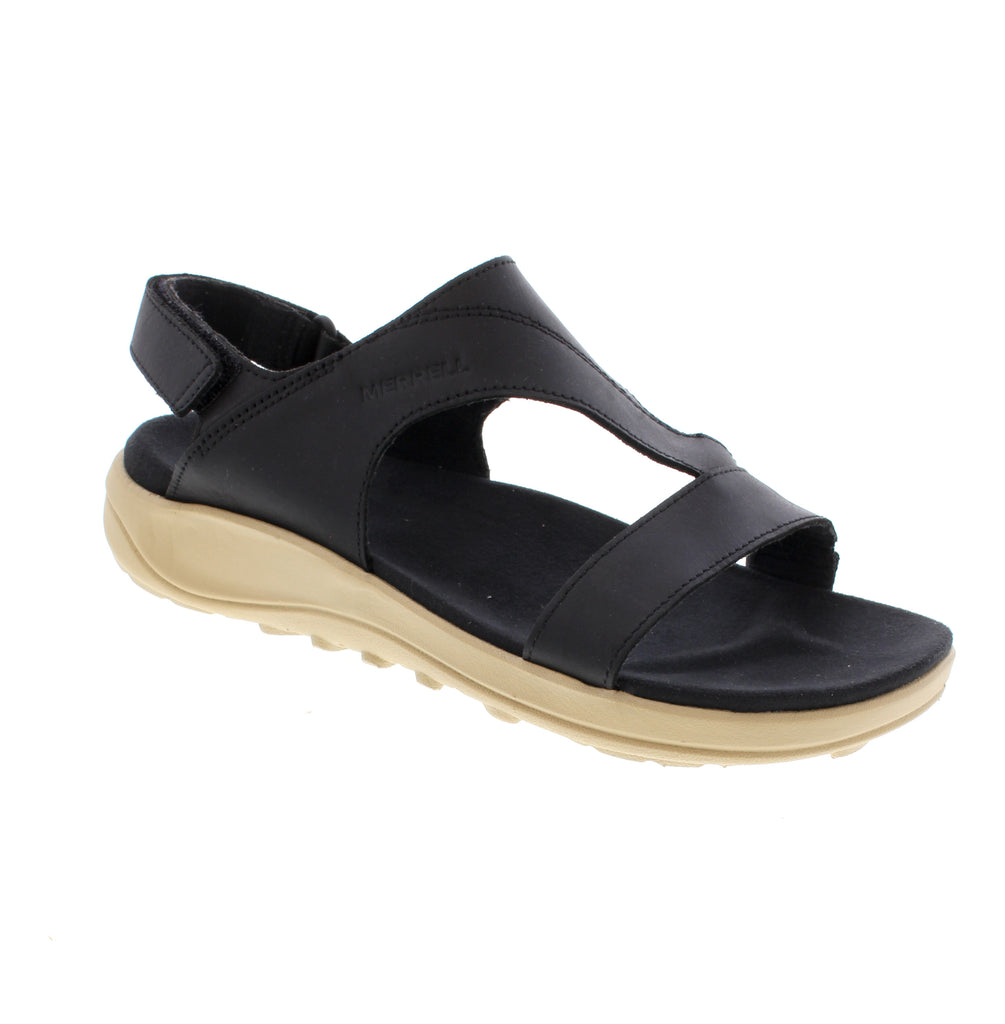 The Merrell District 4 Luxe Backstrap J006772-J006772W is a versatile black slingback sandal designed for comfort and style. Featuring a leather upper with velcro and back strap closures. The microfiber footbed with odor control and light arch support keeps feet fresh and comfortable, while the EVA/PU midsole and outsole provide cushioning and grip. Perfect for casual summer wear.