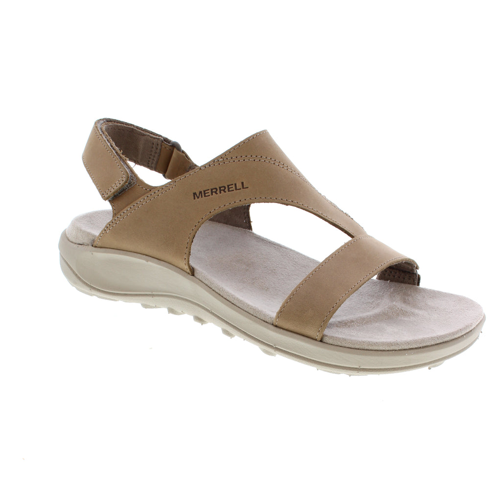 The Merrell District 4 Luxe Backstrap J006774 in grey blends casual comfort with athleisure appeal. This slingback sandal features a leather upper with adjustable velcro closure for a customized fit. The microfiber footbed with odor control and light arch support keeps feet comfortable during extended wear, while the flatform heel adds subtle lift. An EVA/PU midsole and outsole deliver responsive cushioning and traction, making this sandal ideal for walking and everyday activities.