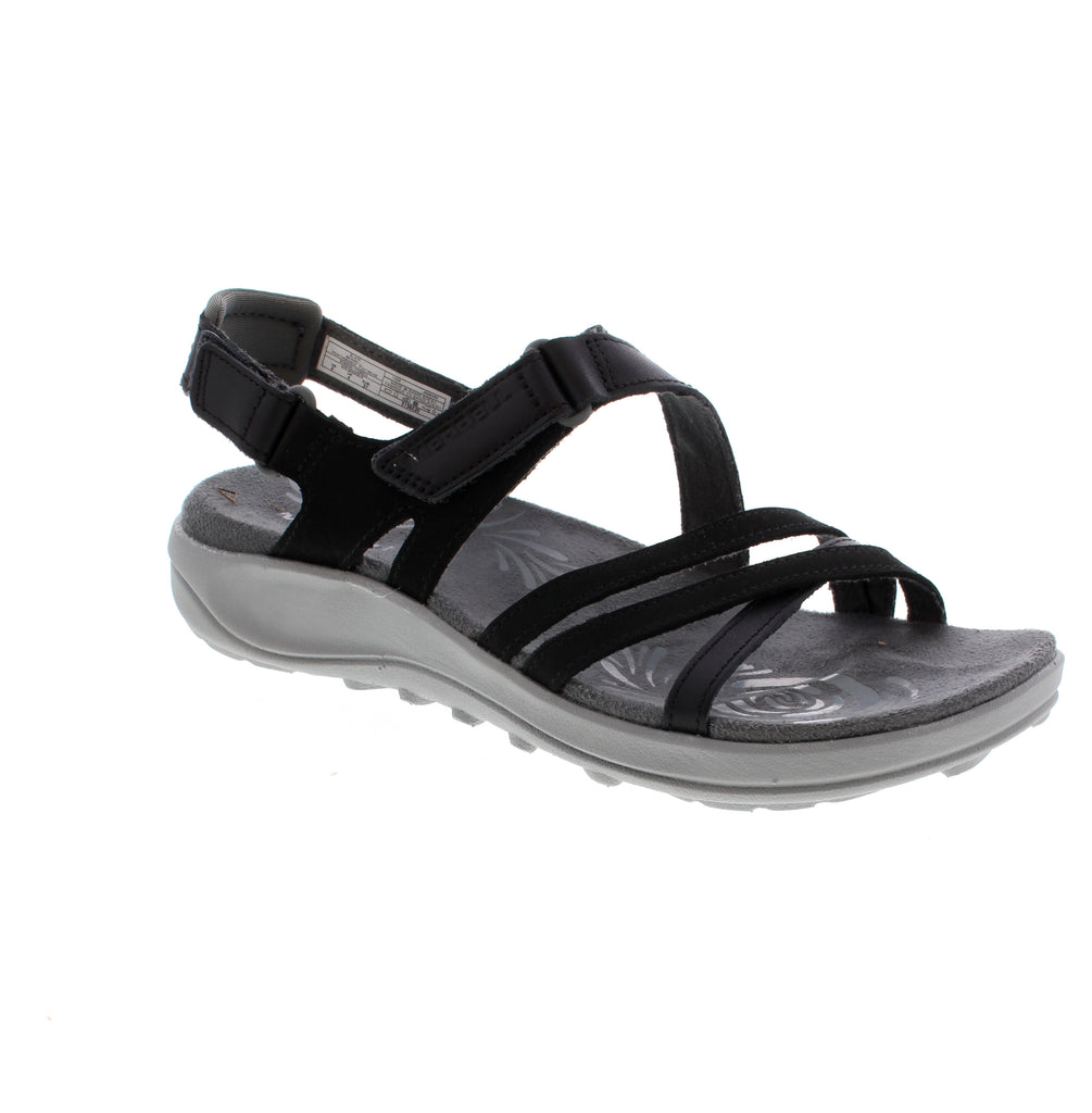 The Merrell Harbor Backstrap J008362 in black is a strappy sandal built for secure, all-day comfort. Its leather upper features adjustable velcro halter and back straps that customize the fit to your foot. The microfiber footbed with light arch support works with the shock-absorbing EVA/PU midsole to keep feet cushioned, while the flatform heel adds subtle elevation.