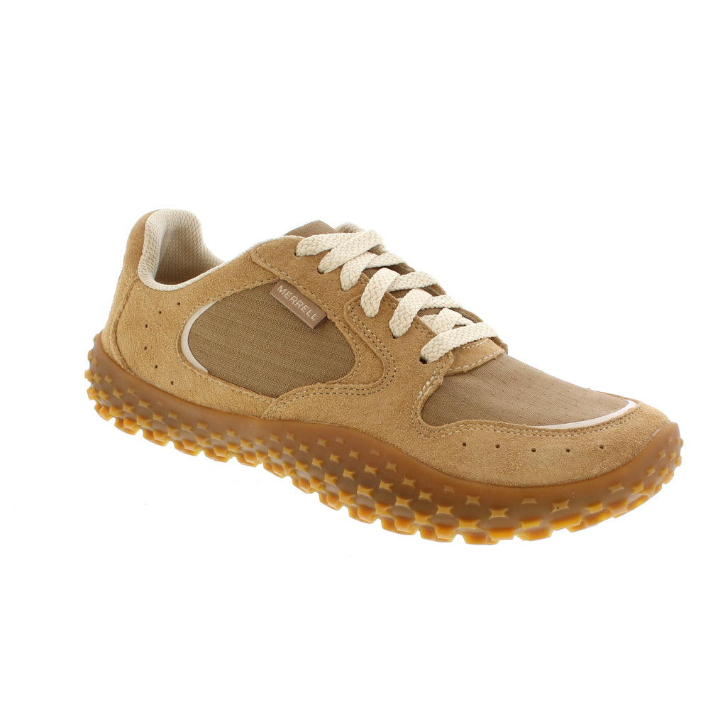 Tan waterproof sneaker from Merrell J008910 combining trail-ready performance with casual style. Suede upper with padded collar and mesh lining resists moisture while maintaining breathability. Removable microfiber insole with odor control and light arch support, paired with EVA/PU midsole and rubber outsole, provide cushioning for walking, trail running, and hiking. Orthotic-friendly design suits narrow to medium feet for athleisure and everyday wear.