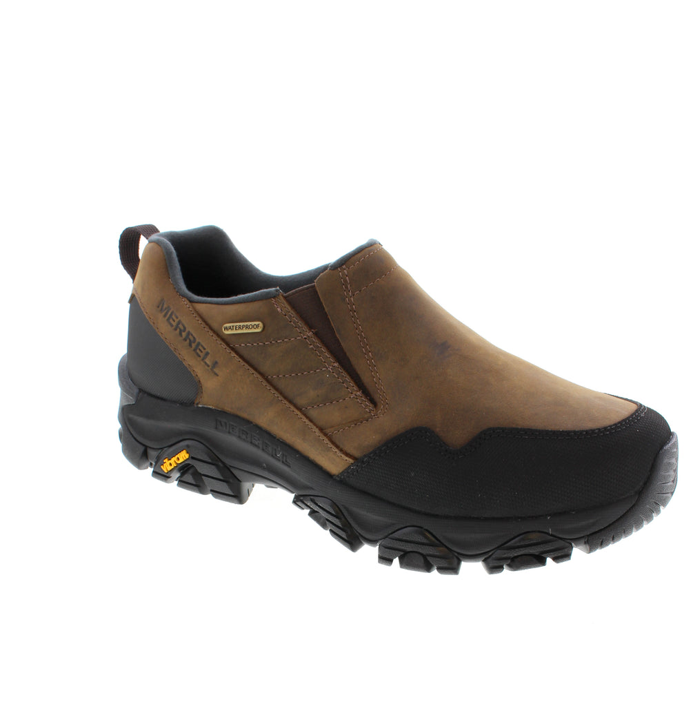 Merrell's Coldpack 3 Thermo Moc delivers warmth and waterproof protection for cold-weather adventures. This slip-on moc combines a leather upper with fleece lining and insulation to keep your feet comfortable in winter conditions. Waterproof leather upper shields against moisture while the elasticized design ensures an easy fit. Fleece lining and insulation work together for reliable warmth