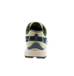 Ladies light weight mesh shoe, with rubber sole for traction, and beautiful blue and green color details.