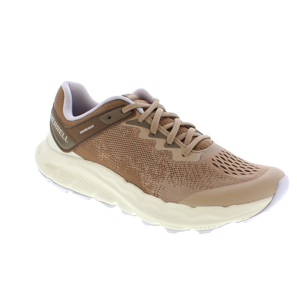 Brown athletic shoe from Merrell J068586 built for active pursuits on any terrain. Breathable mesh upper with padded collar and mesh lining keeps feet cool during intense activity. Microfiber insole with odor control and light arch support, combined with EVA/PU midsole and rubber traction outsole, deliver stability for walking, trail running, and hiking. Vegan-friendly construction suits narrow to medium feet year-round.