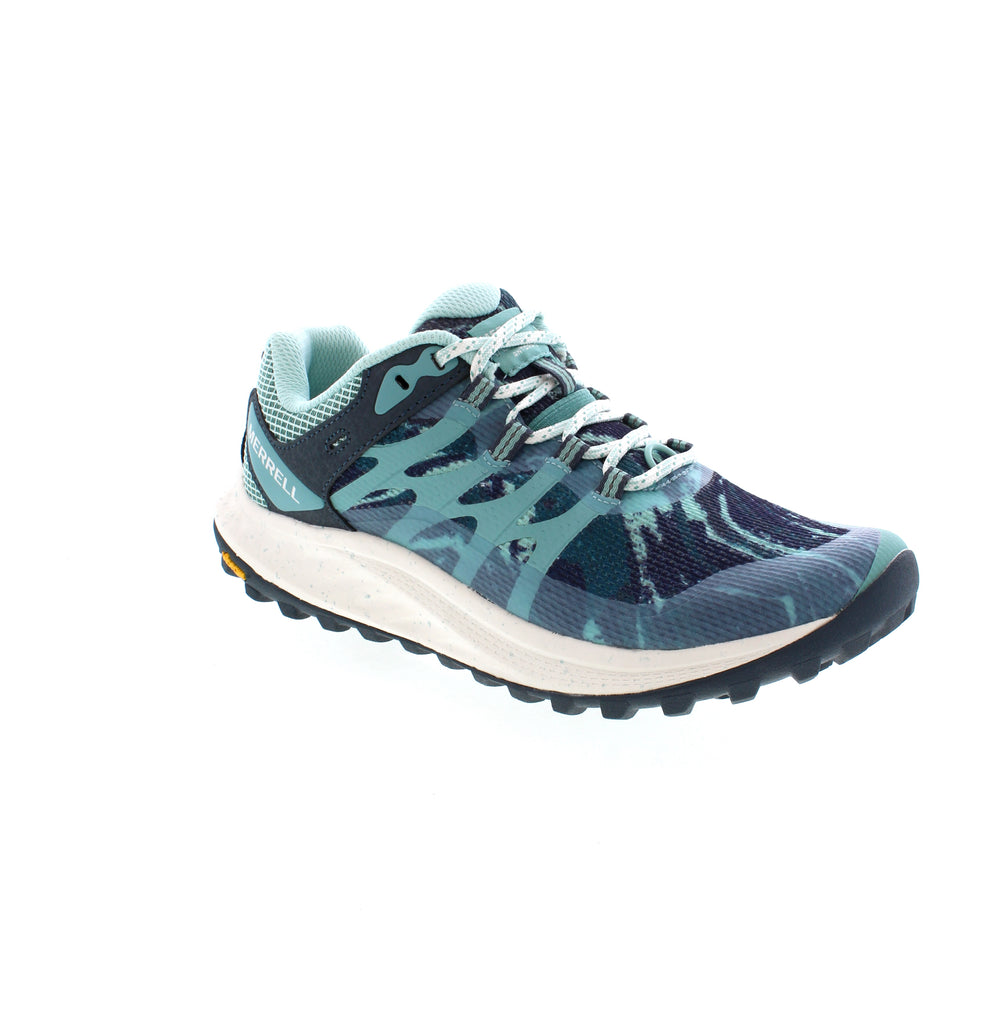 Upgrade your trail running game with the new and improved Merrell Antora 3 Print. Designed with a more durable upper, responsive midsole with FloatPro Foam™ pods, and a grip-enhancing design by Vibram®, this shoe combines comfort and capability on your wildest trail runs. The APMA awards this sneaker for its foot health benefits.